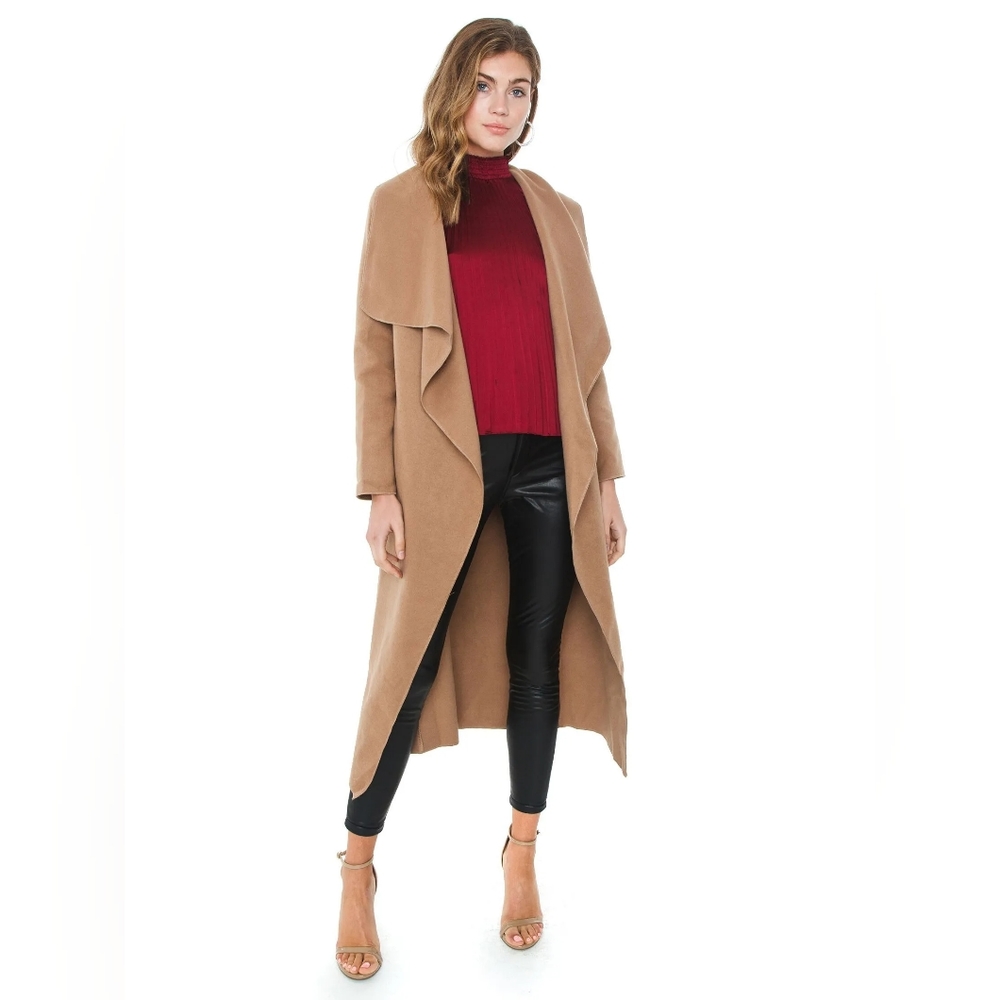Sage Long Draped Camel Coat with Open Front